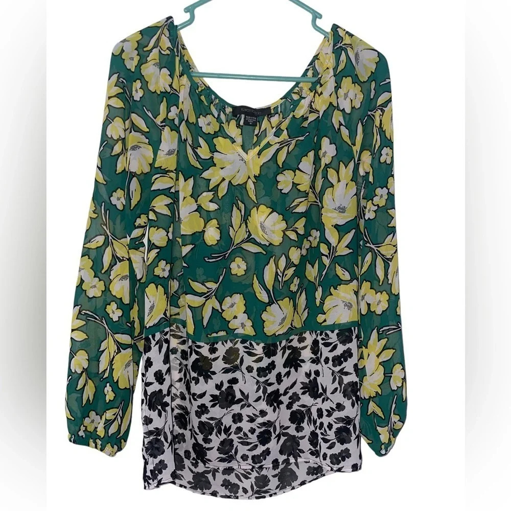 Karen Kane Womens S Multicolor Floral V-Neck Long Sleeve Semi Sheer Blouse Top